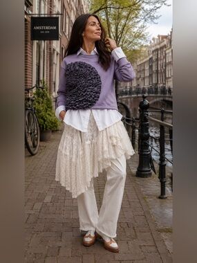 Lilac Cropped Sweatshirt with Blue Ruffle Accent